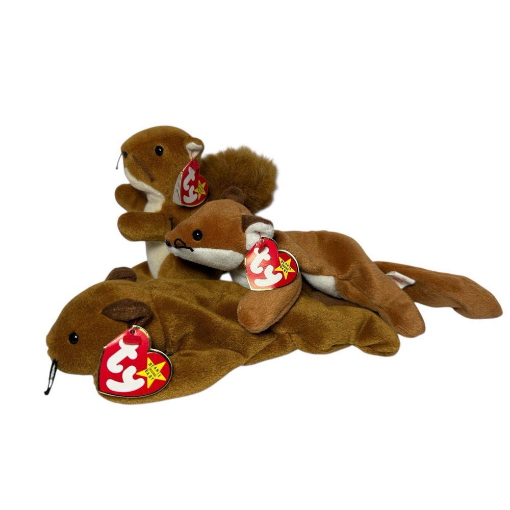 Lot Of 3 TY Beanie Babies Small Mammals Rodents BUCKY, SLY & NUTS Animal Plush